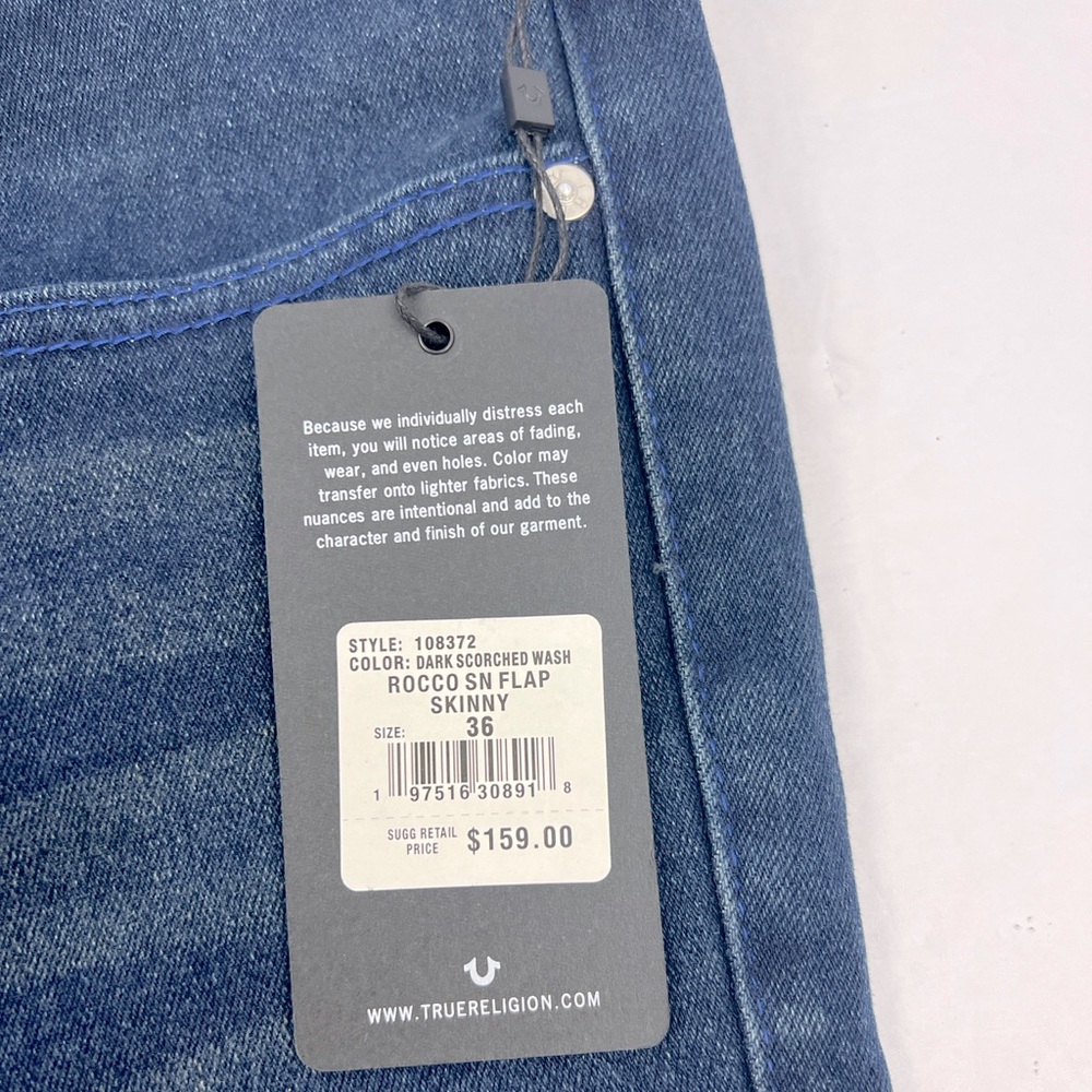 TRUE RELIGION JEANS, ROCCO RELAXED SKINNY, DARK SCORCHED, WASH,W 36, IN-SEAM 32 - Picture 16 of 16